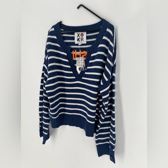 Kerri Rosenthal Knit Striped V Neck Embroidered Font Graphic Sweater Pullover - Picture 3 of 7